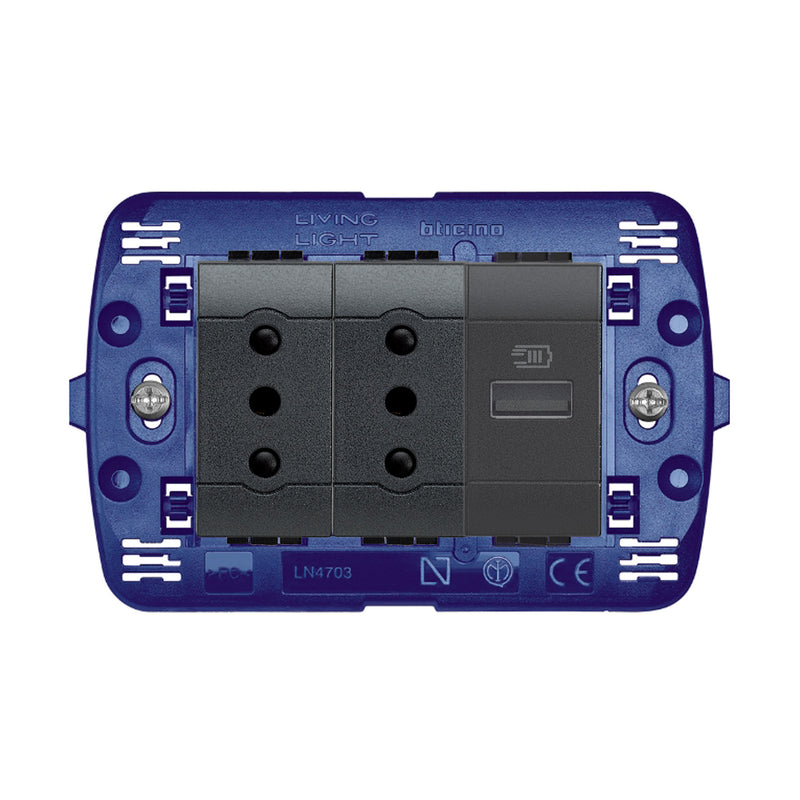Cargador USB Tipo A + Toma Doble 2P+T 10A 250V  Antracita Living Light Semi Armada